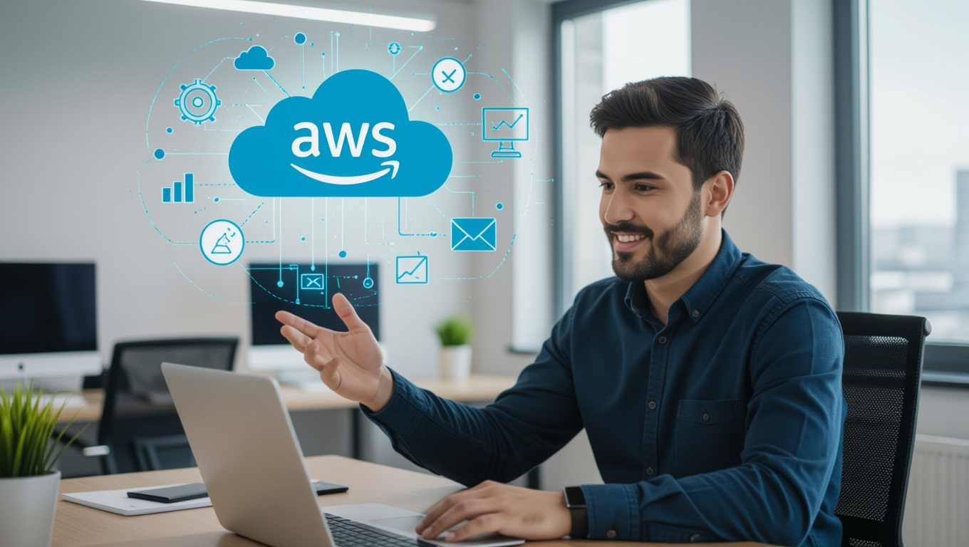 Egy fiatal férfi a számítógépén dolgozik, AWS felhőszolgáltatással kapcsolatos grafikával.