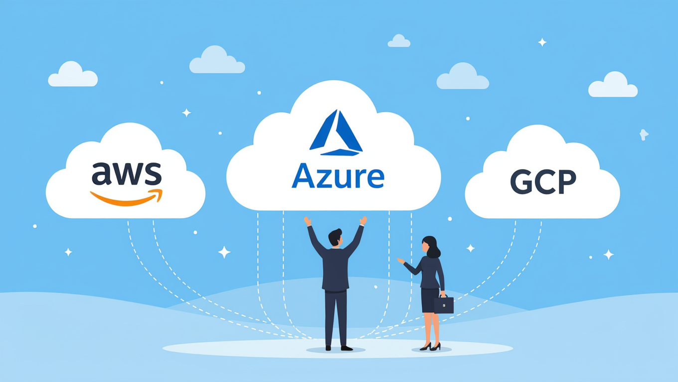 Két üzletember a felhőalapú megoldások, mint az AWS, Azure és GCP előtt áll.