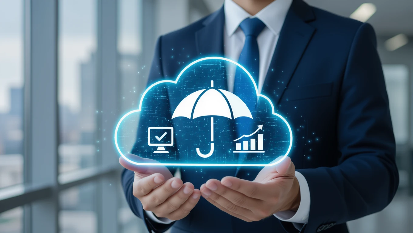 Egy üzletember kezében egy digitális felhő ikon, amely védelmet szimbolizál.