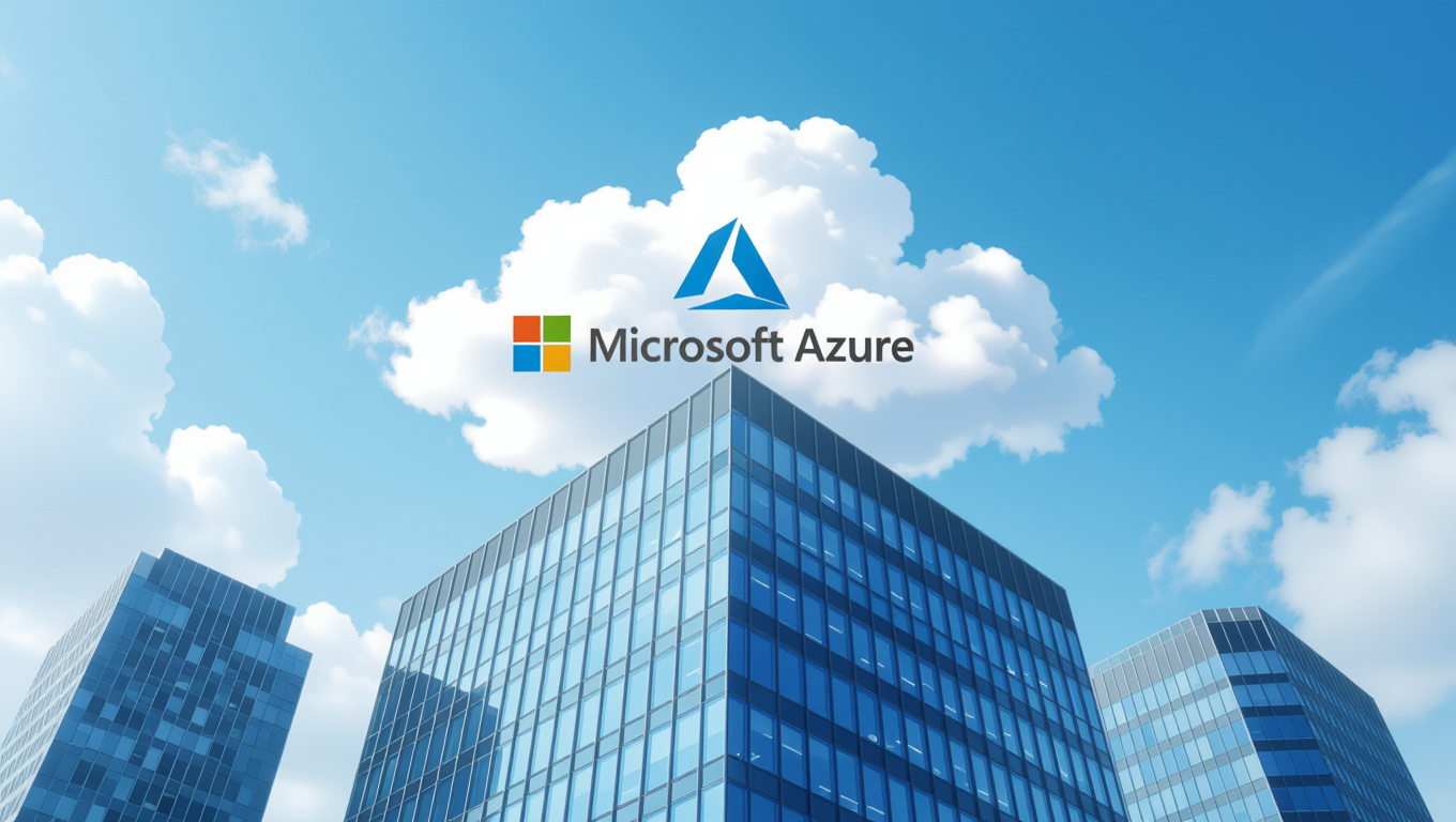 Modern felhőalapú szolgáltatások, Microsoft Azure logóval az épületek között.