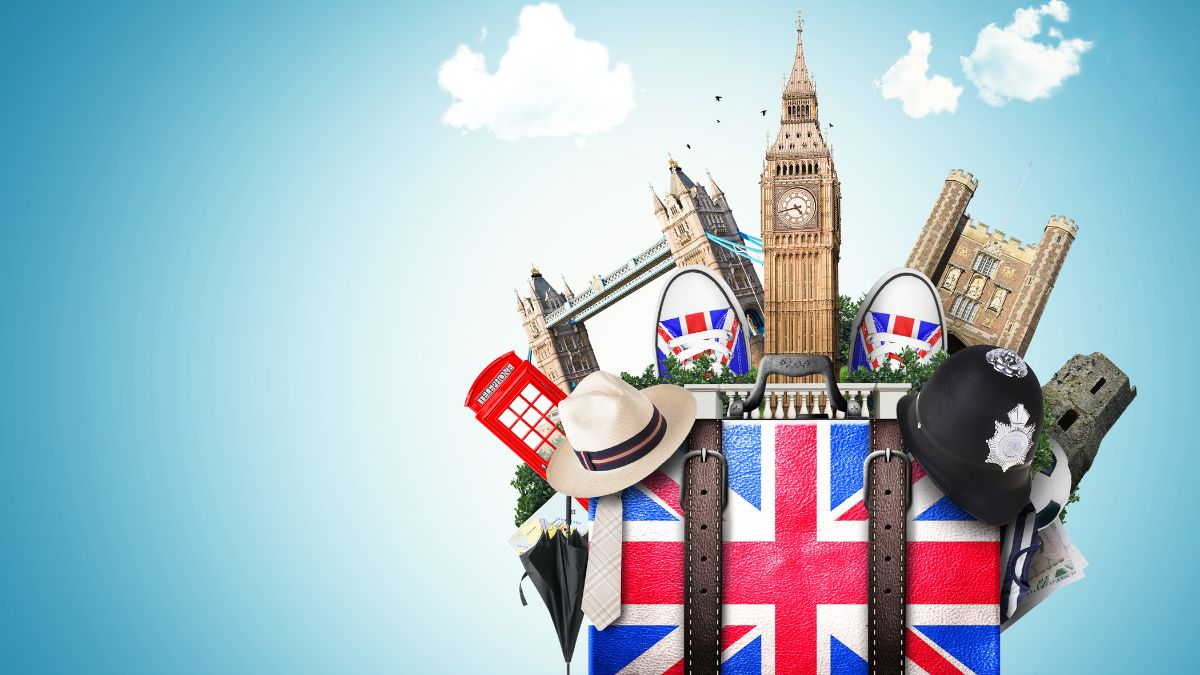 Egy bőrönd Anglia ikonikus szimbólumaival, mint a Big Ben és a piros telefonfülke.