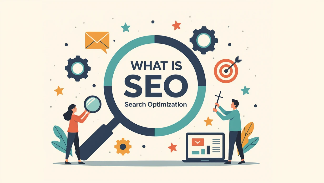 Két illusztrált figura SEO témájú grafikai elemek között, keresőoptimalizálásra utalva.