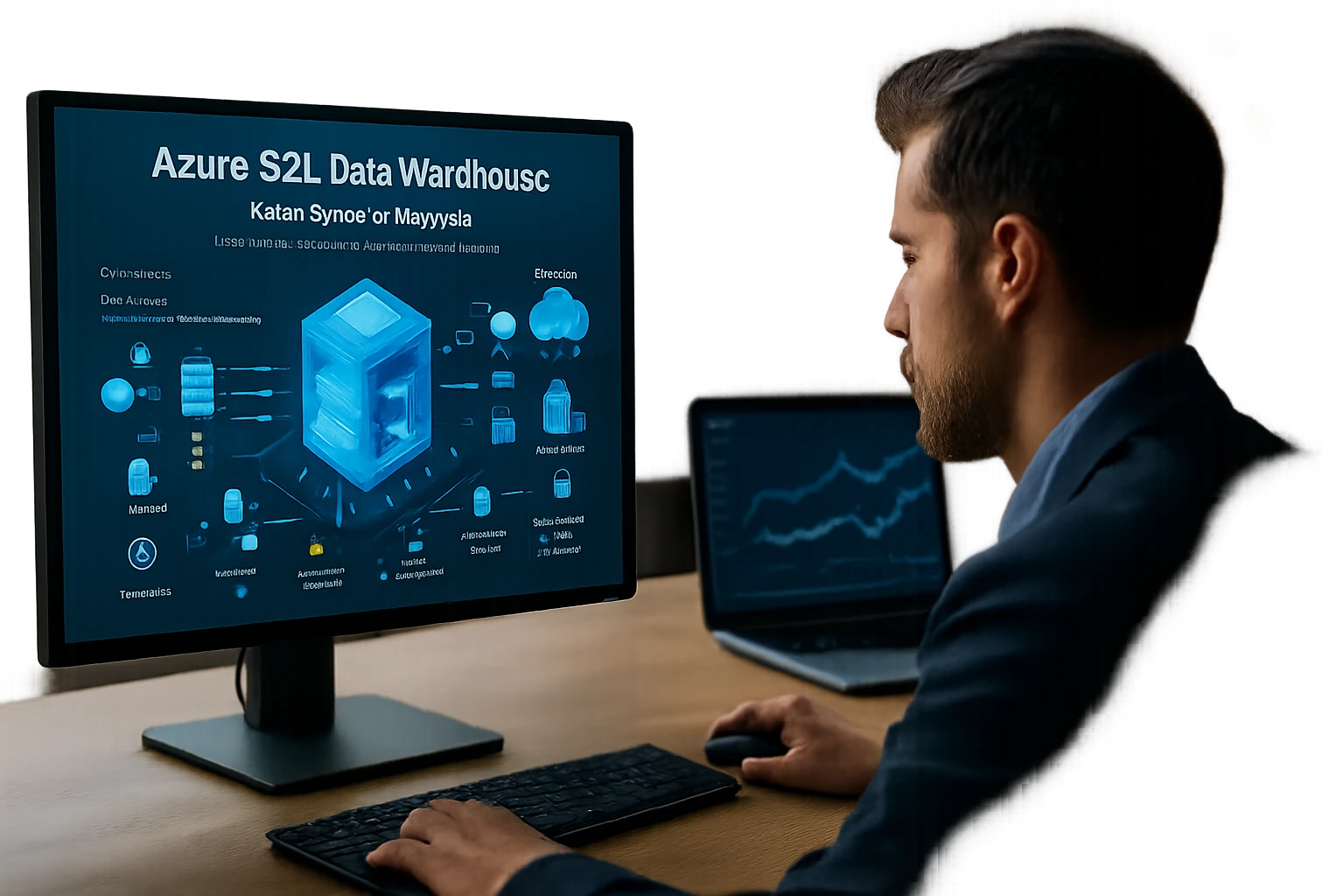 Egy férfi a számítógépén az Azure S2L Data Warehouse grafikus felületét nézi.