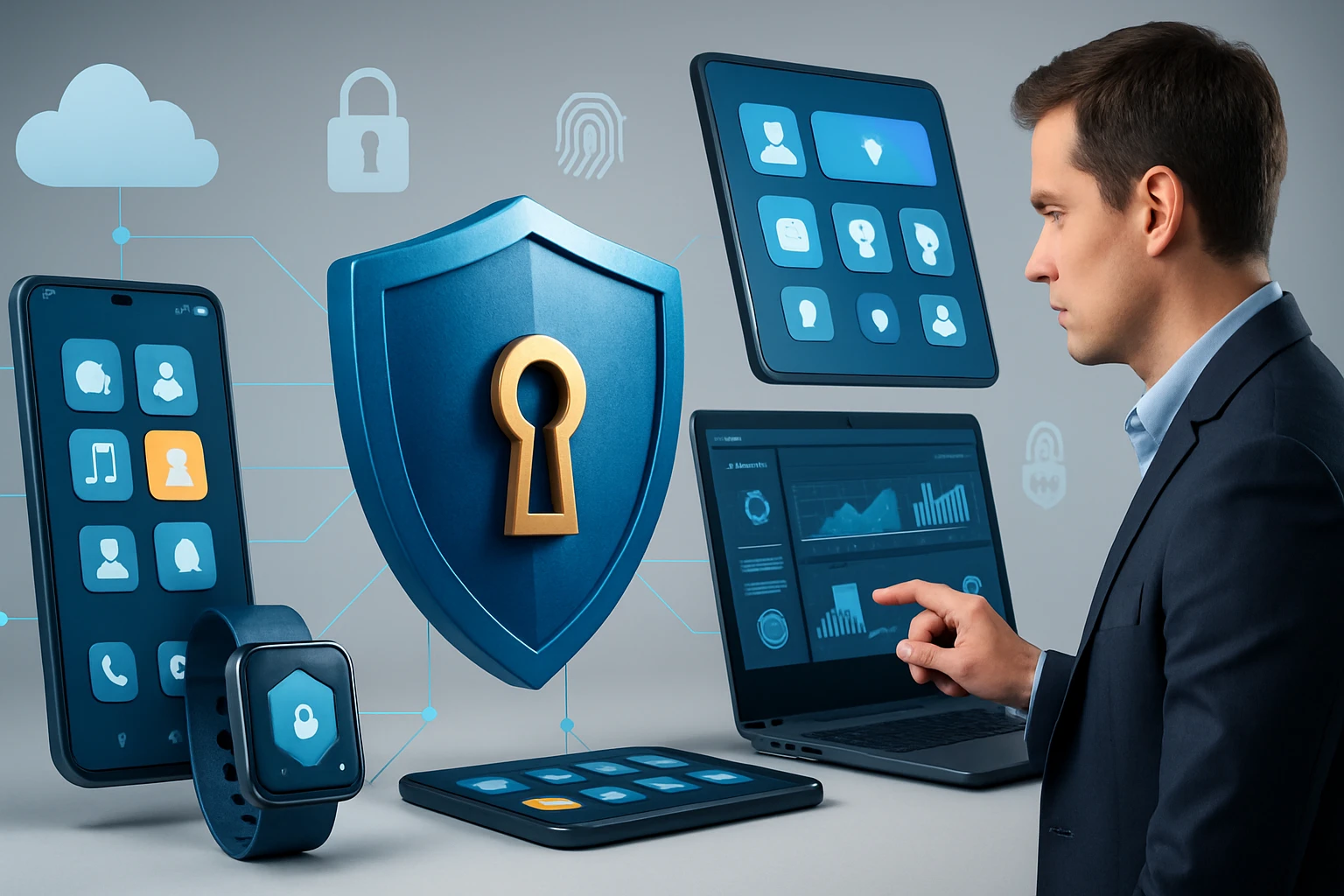 Egy férfi interaktívan használ digitális eszközöket, miközben a kiberbiztonságra fókuszál.