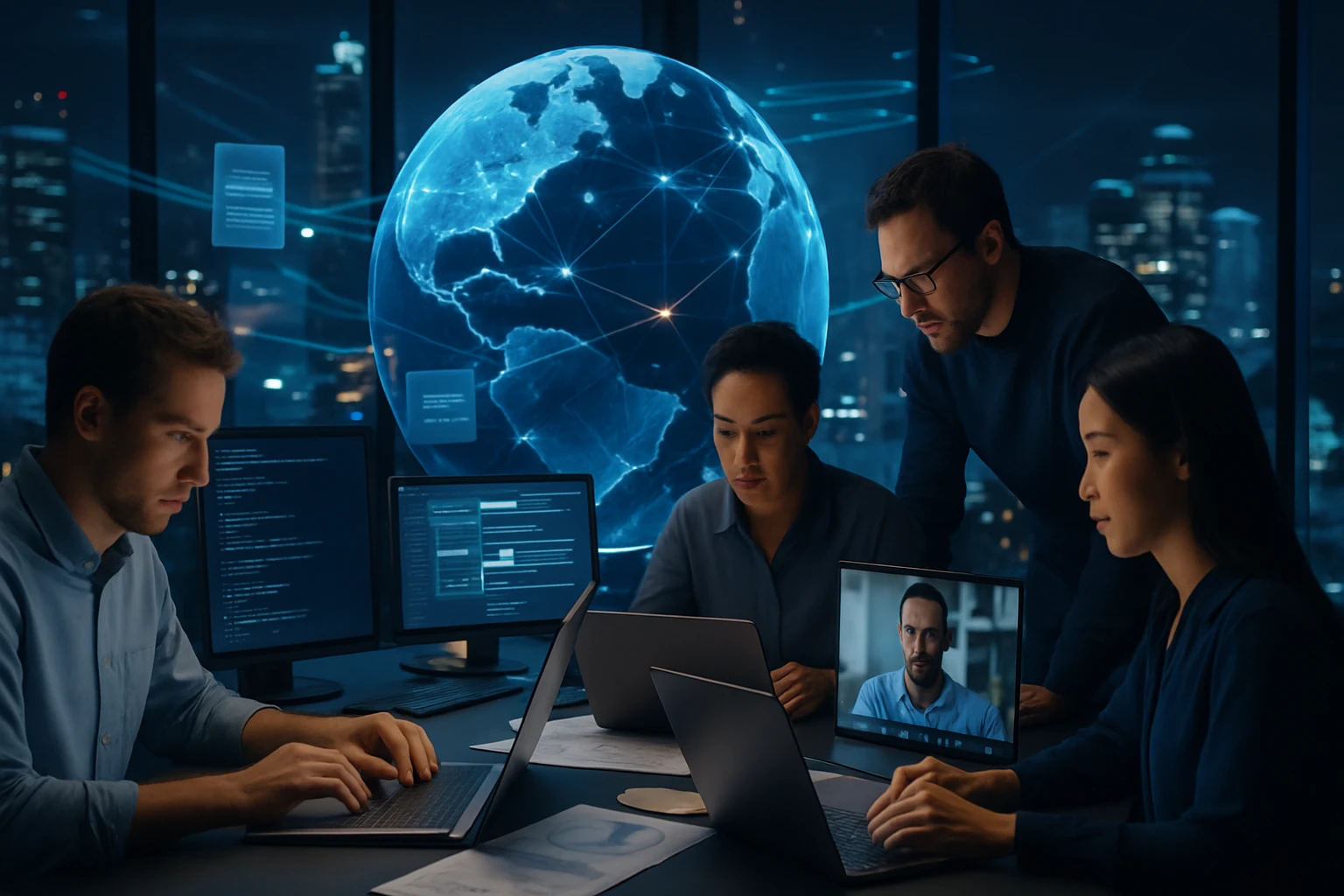 Négy szakember dolgozik számítógépeken, háttérben globális hálózati térkép látható.