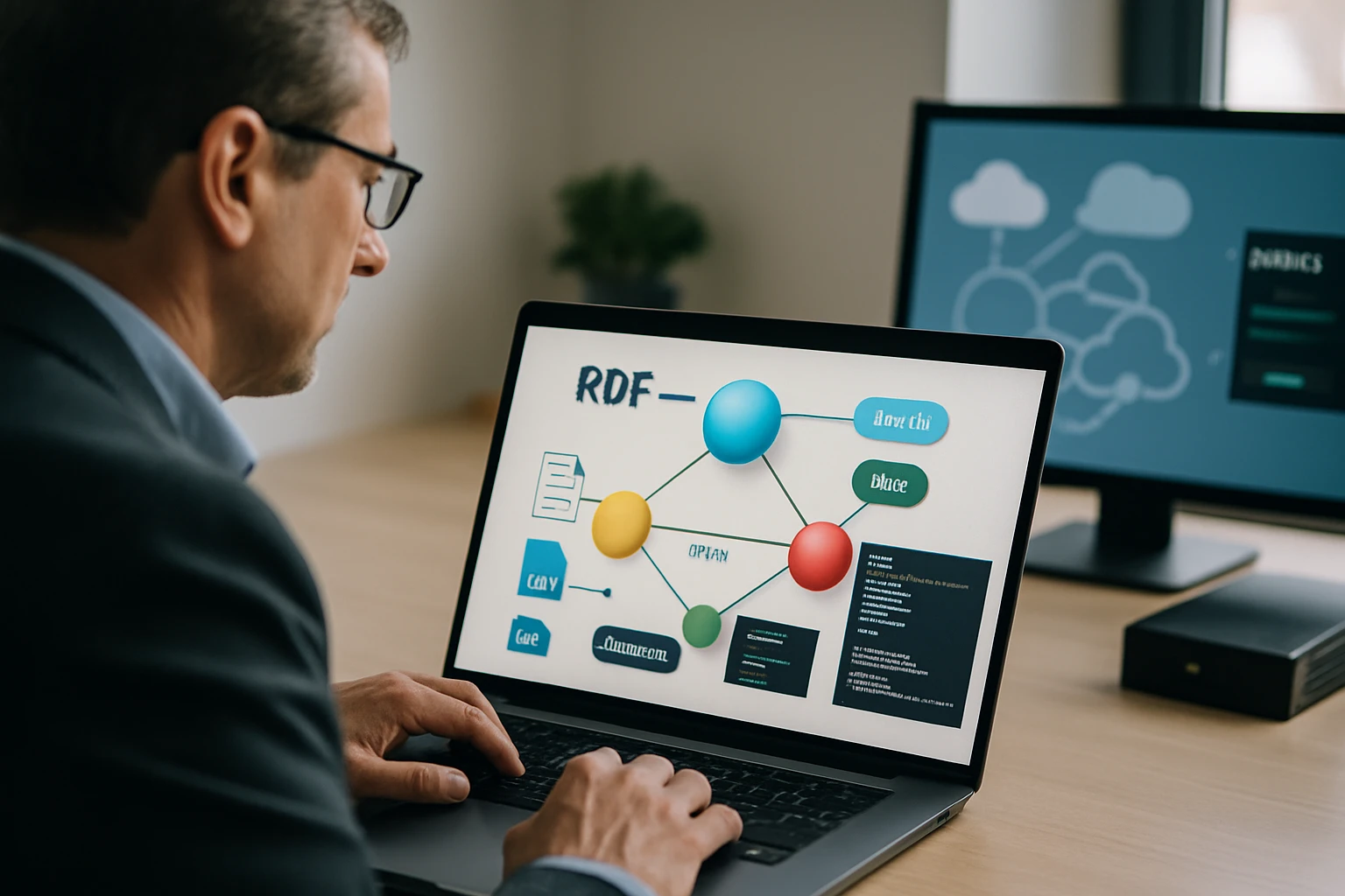 Egy férfi laptopján RDF diagramot néz, háttérben egy másik monitorral.