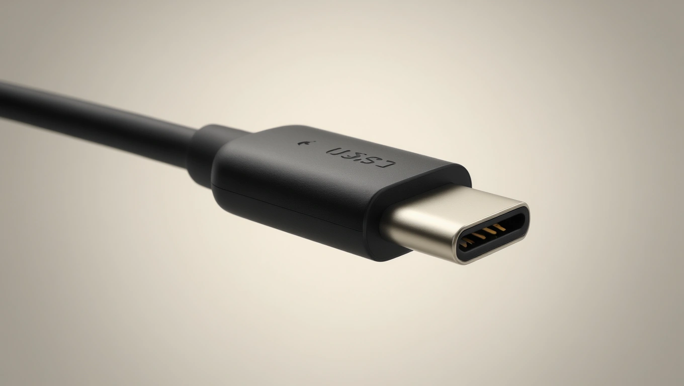 USB-C kábel csatlakozója, modern dizájn és sokoldalú használat jellemzi.