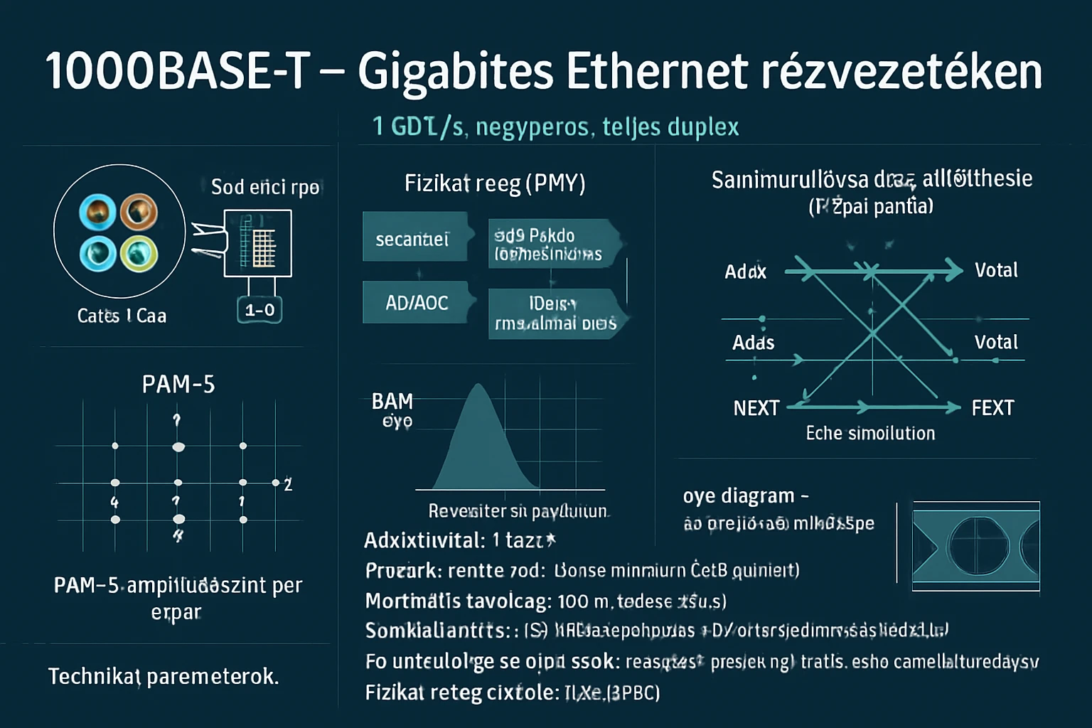 A 1000BASE-T Gigabites Ethernet technológia részletes bemutatása, diagramokkal és paraméterekkel.