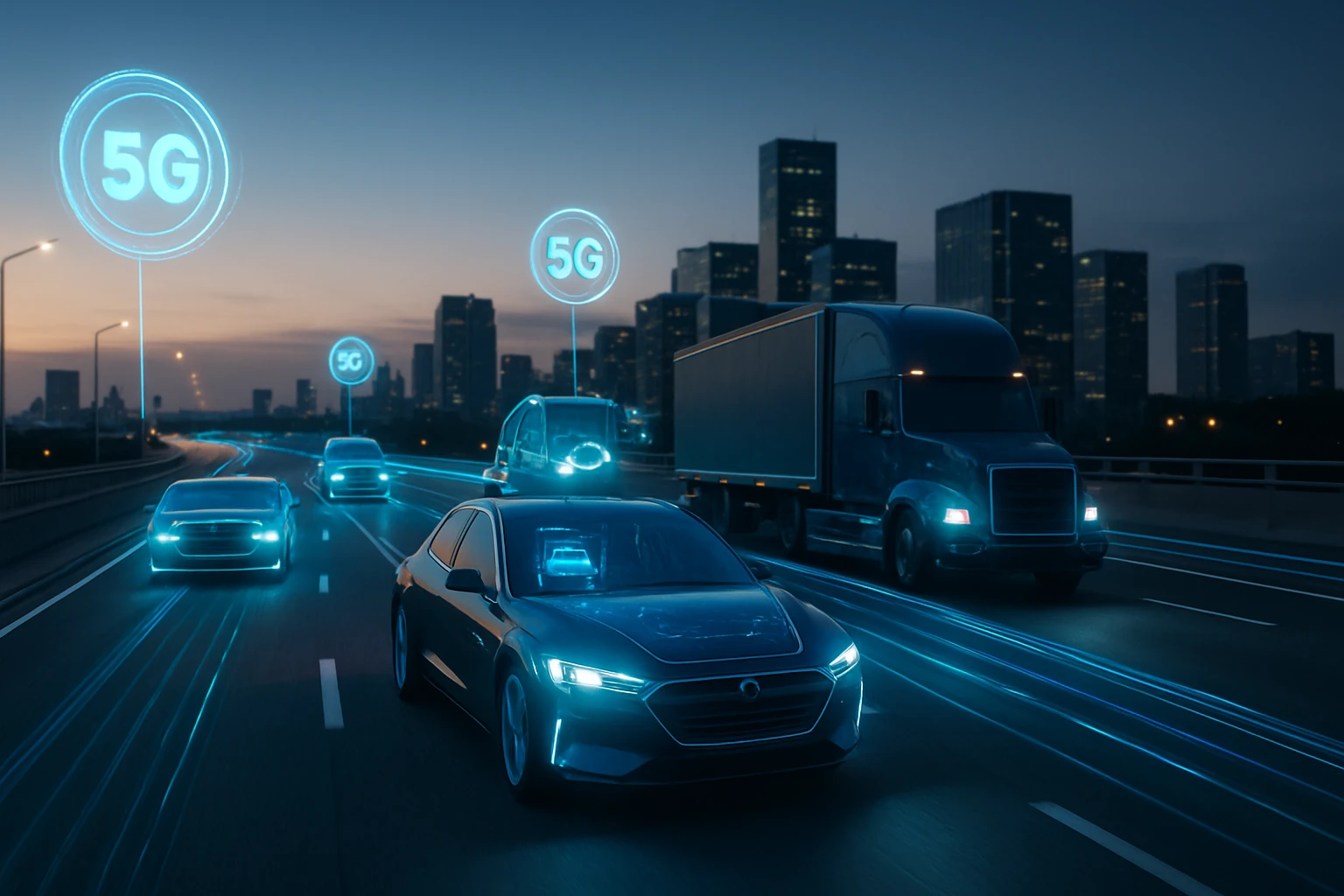 Modern autók haladnak egy városi úton, 5G jelzésekkel a háttérben.