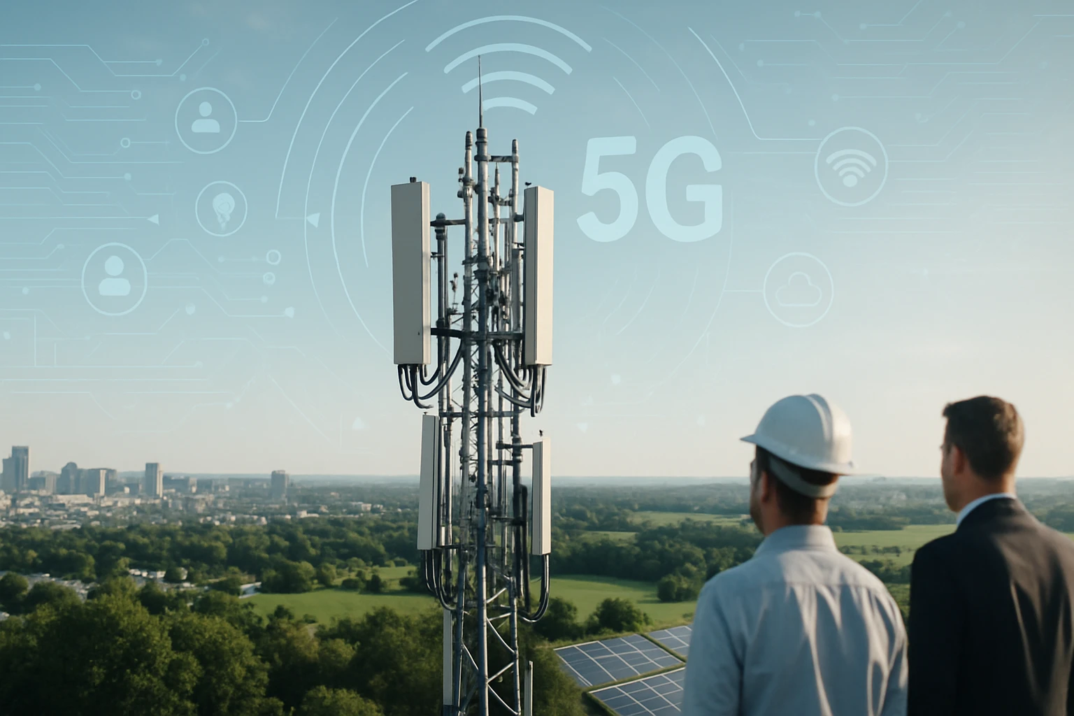 Két férfi, egy mérnök és egy üzletember, 5G torony előtt állnak.
