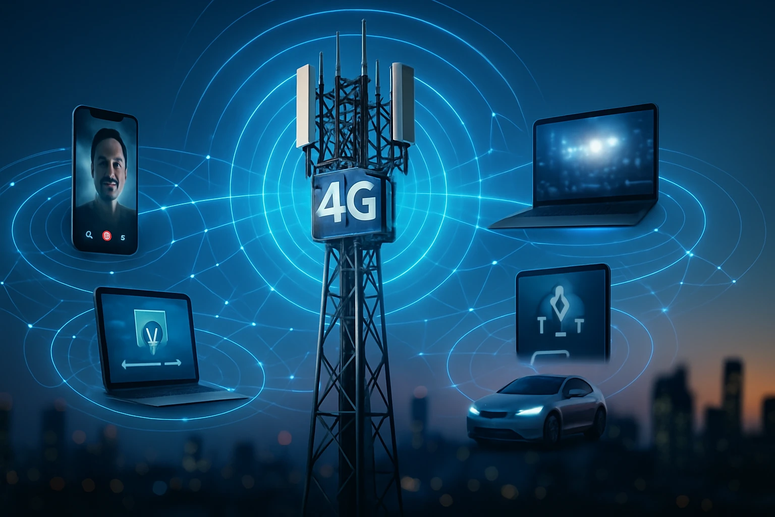Egy 4G mobiltelefon-torony, amelyhez laptopok és autók kapcsolódnak, hálózati jelekkel.