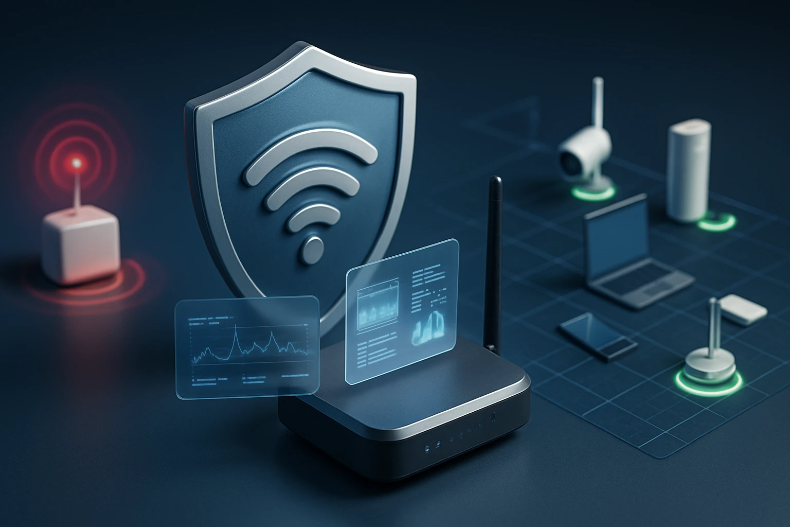 Egy modern router védelmi pajzzsal, adatvizualizációval és IoT eszközökkel.