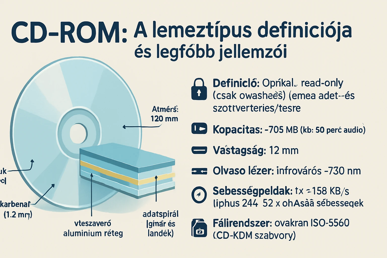 CD-ROM lemez, amelyen a jellemzői és specifikációi láthatók.