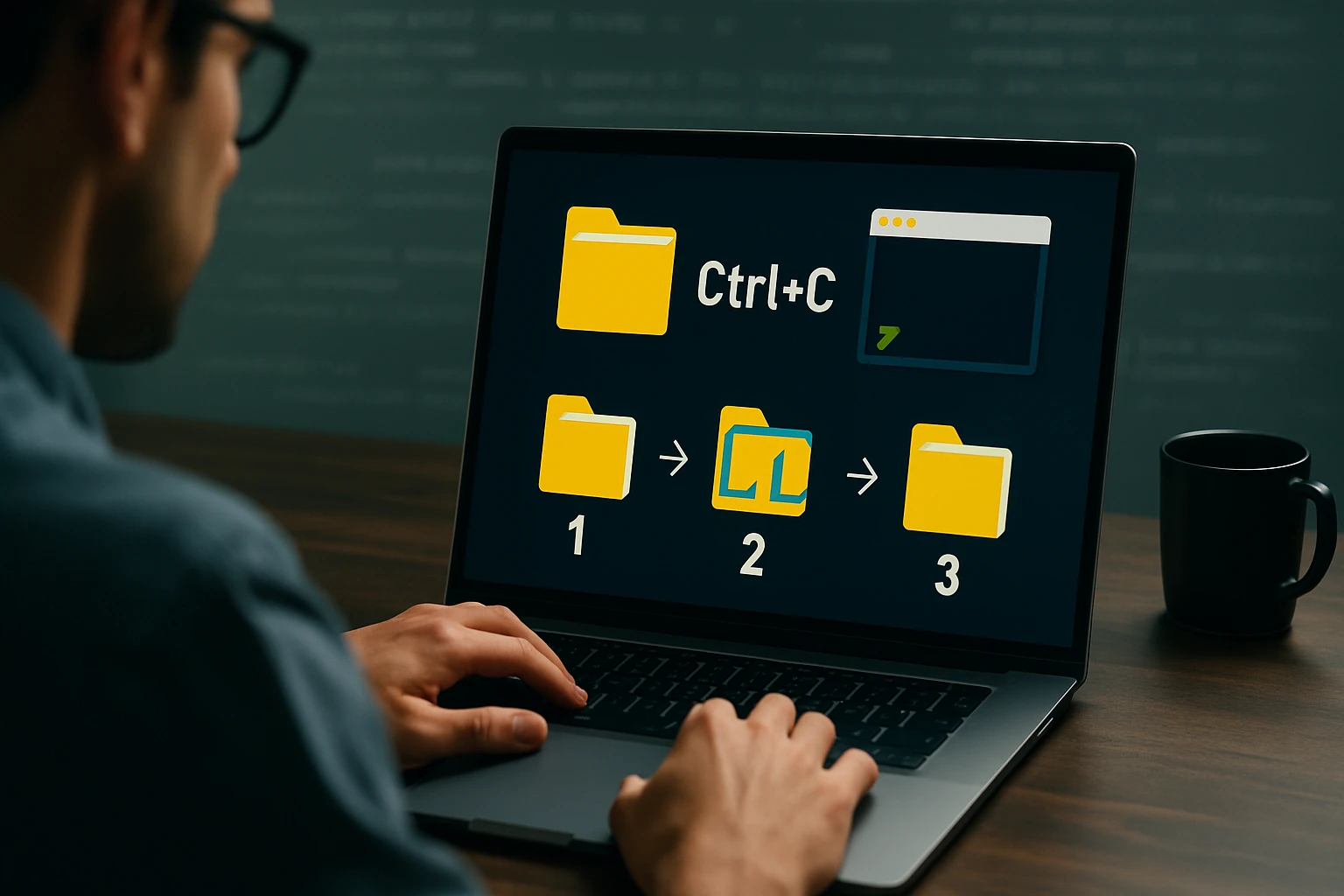 Egy férfi laptopján a Ctrl+C billentyűparancs használatát bemutató grafika látható.
