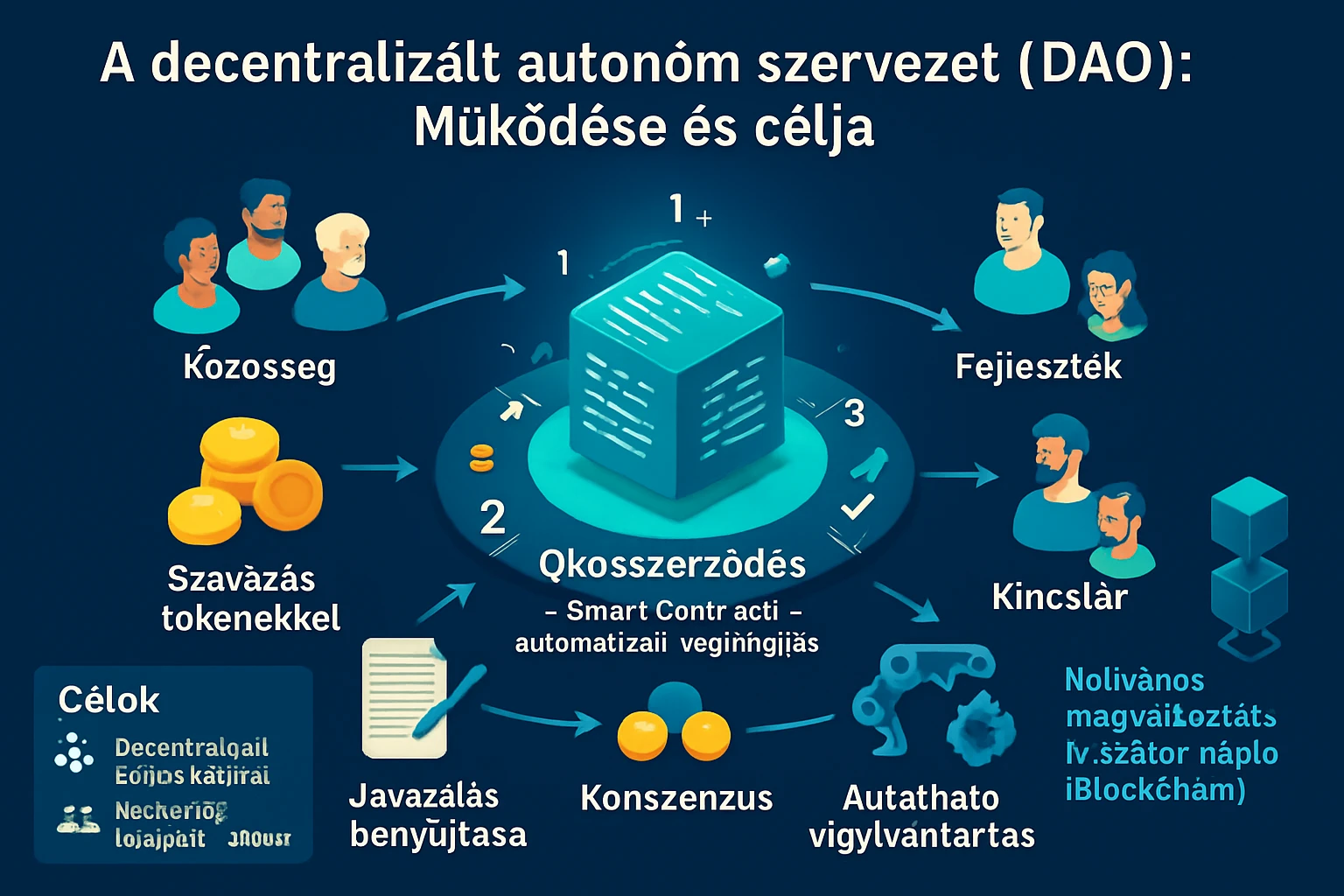 A decentralizált autonóm szervezet működését bemutató infografika, közösségi elemekkel.