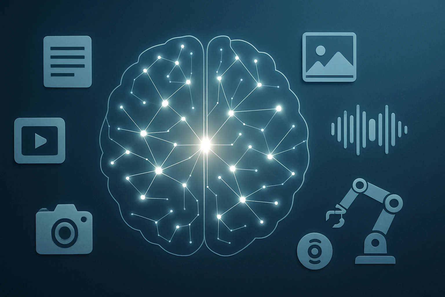 Digitális agy, amely körül különböző technológiai ikonok találhatók.