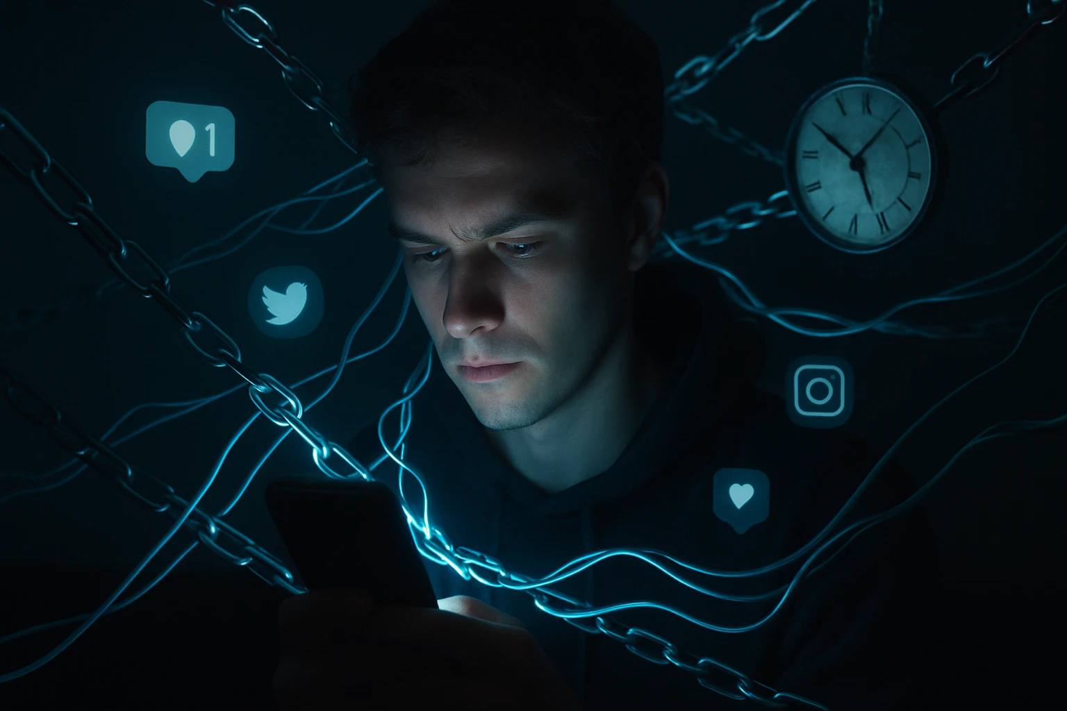 Egy fiatal férfi a telefonját nézi, körülötte közösségi média ikonok és láncok.