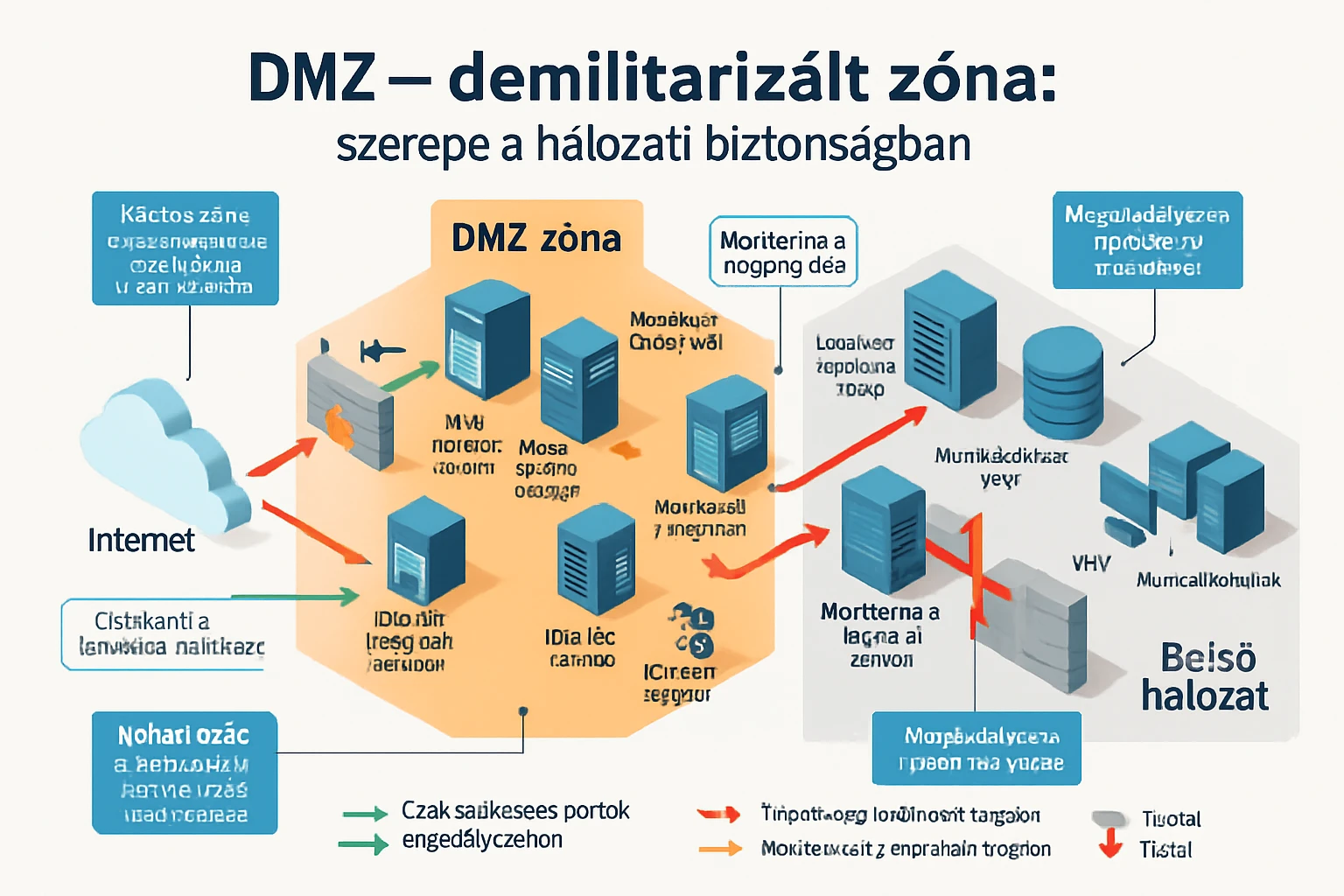A DMZ zóna szerepét bemutató diagram, hálózati biztonsági elemekkel.