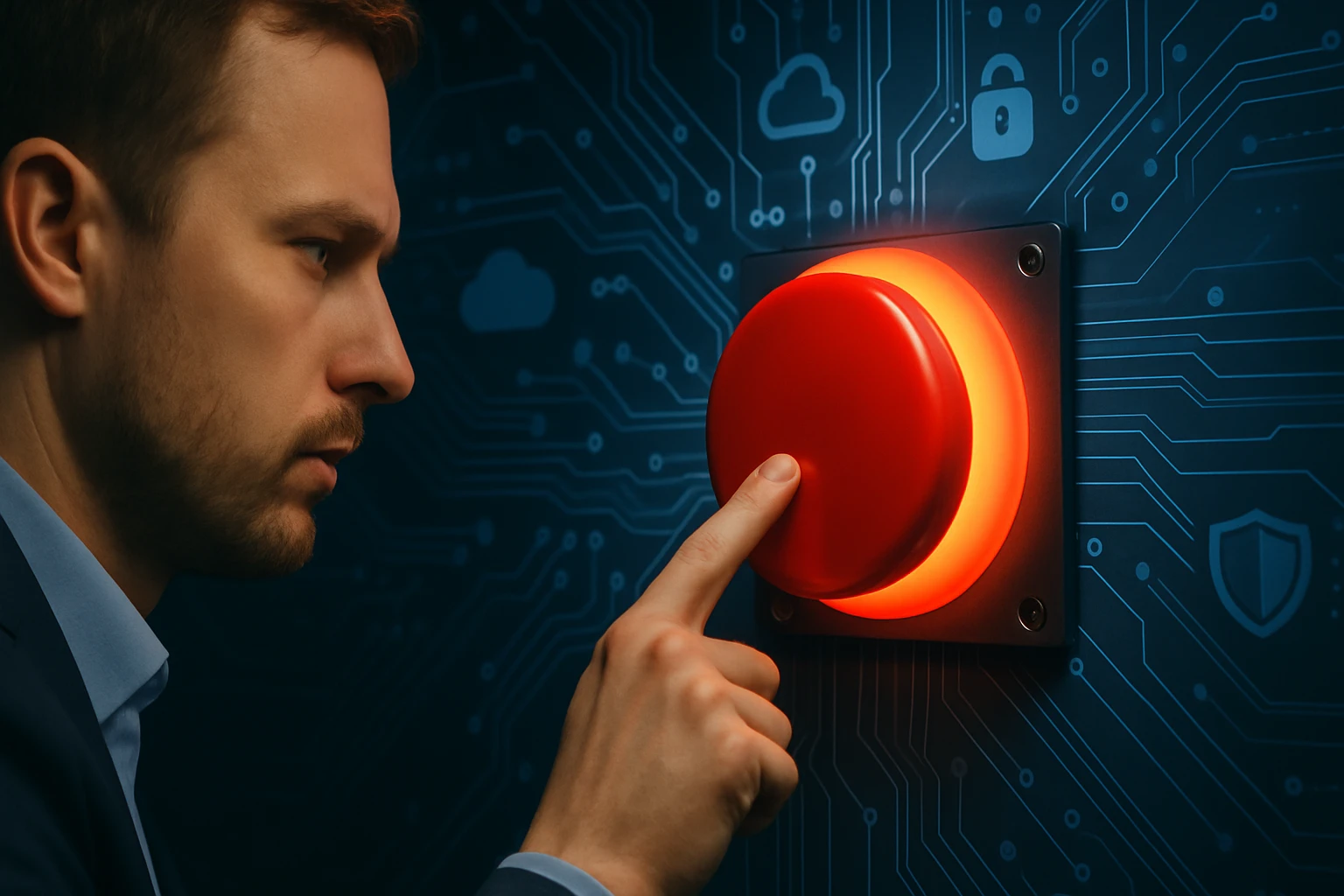 Egy férfi éppen megnyom egy nagy, világító piros gombot egy technológiai háttér előtt.