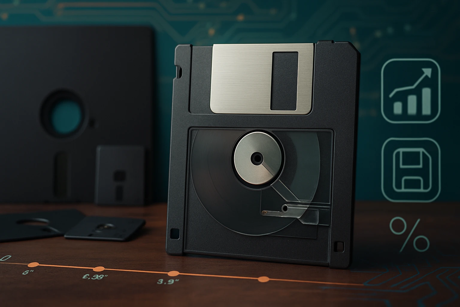 Egy régi floppy lemez, amely egy asztalon fekszik, háttérben technológiai mintázattal.