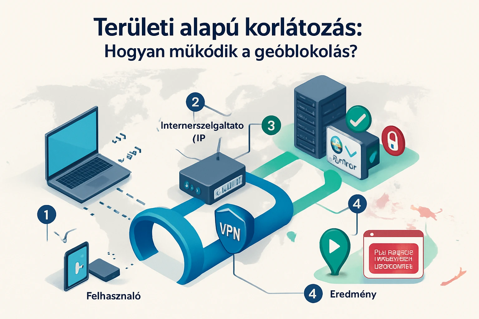 Egy illusztráció a geoblokkolás működéséről, bemutatva a felhasználót, VPN-t és szervereket.