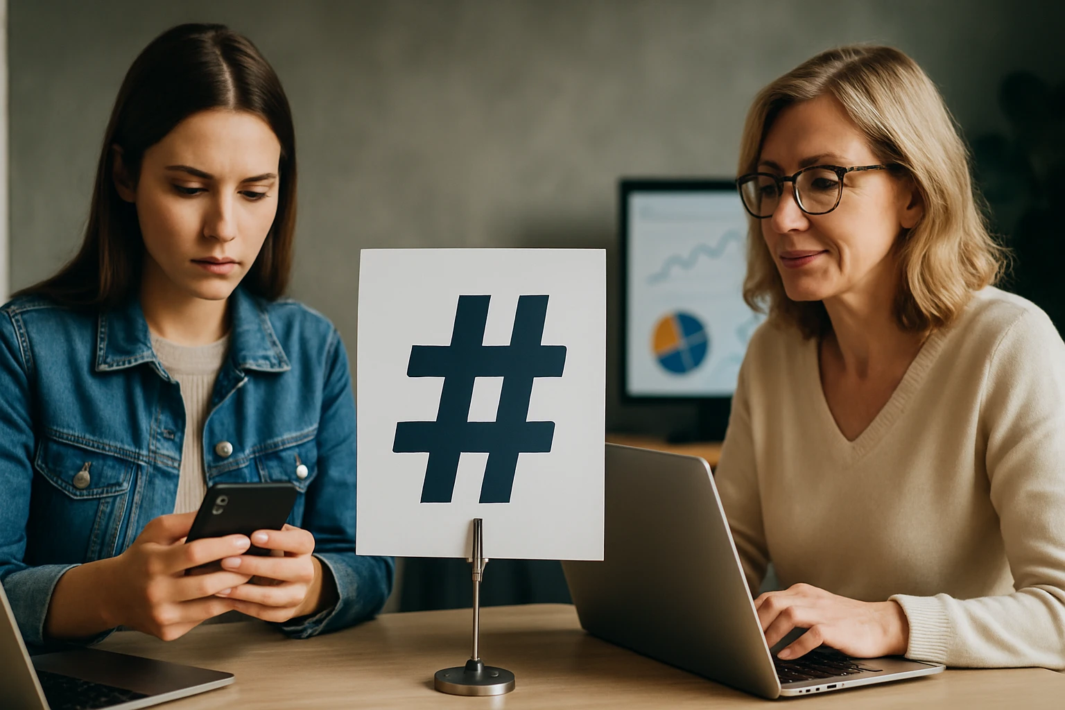 Két nő ül egy asztalnál, az egyik telefonozik, a másik laptopon dolgozik, középen egy hashtag jel.