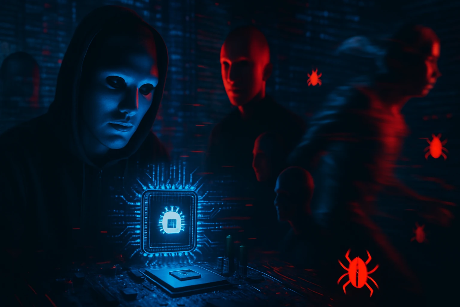 Egy sötét háttér előtt egy hoodies arcú figura néz egy számítógépes chipre.