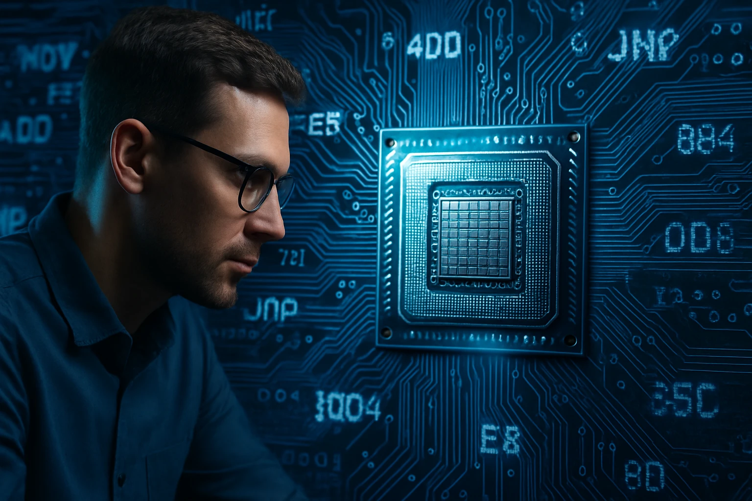Egy férfi, aki egy számítógépes chip előtt ül, mélyen gondolkodik.