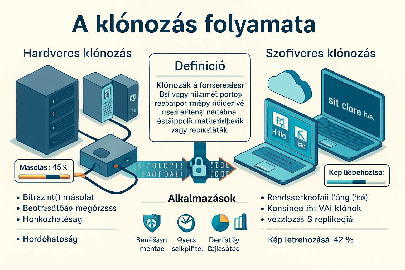 A klónozás folyamatát bemutató infografika, hardveres és szoftveres klónozással.