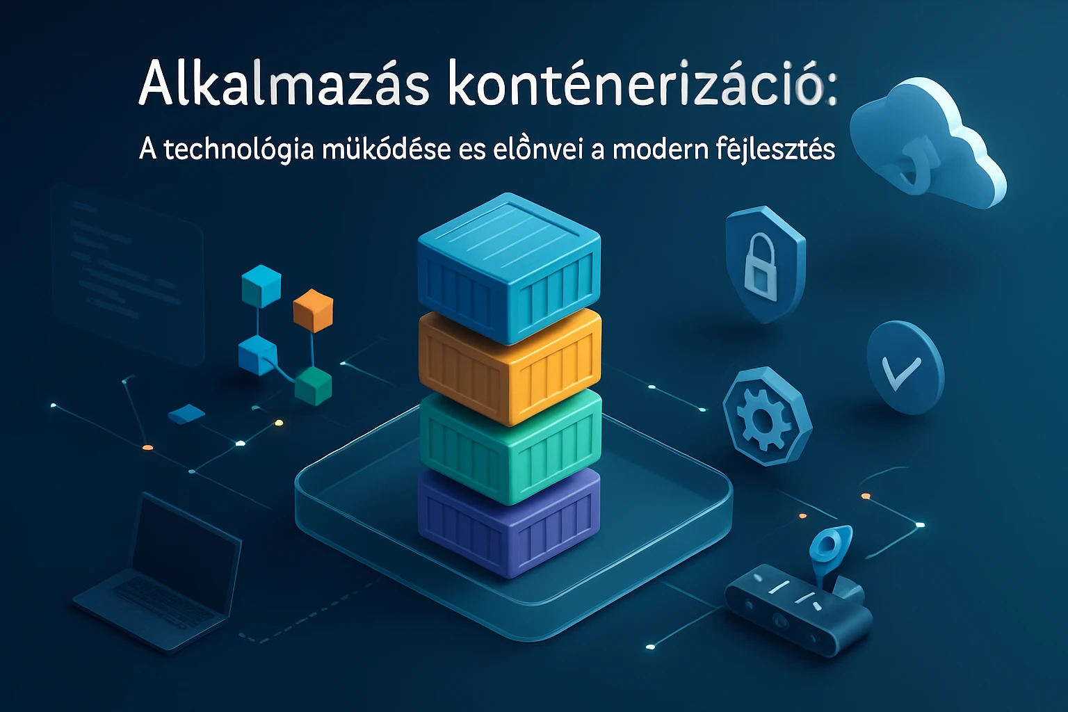 Színes konténerek egy virtuális platformon, technológiai ikonokkal körülvéve.
