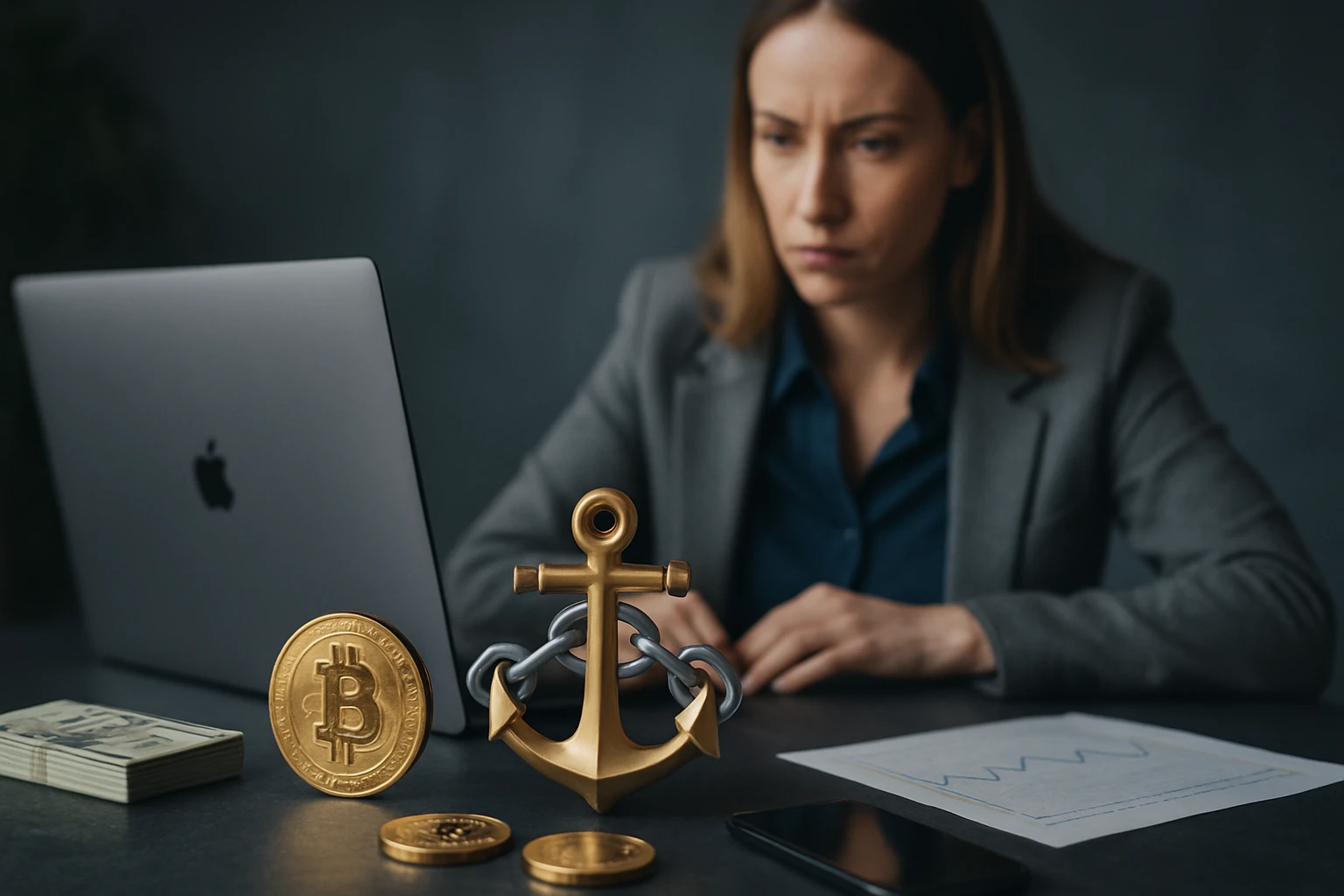 Egy nő ül egy számítógép előtt, arany színű horgony és bitcoin érme látható a asztalon.