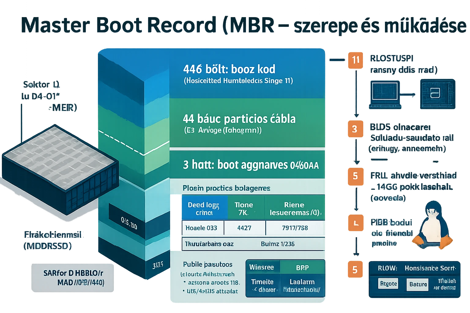 A Master Boot Record (MBR) működését bemutató diagram, részletes adatokkal.