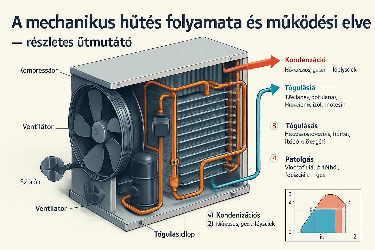A mechanikus hűtés működési elvét bemutató ábra, kompresszorral és hűtőcsövekkel.