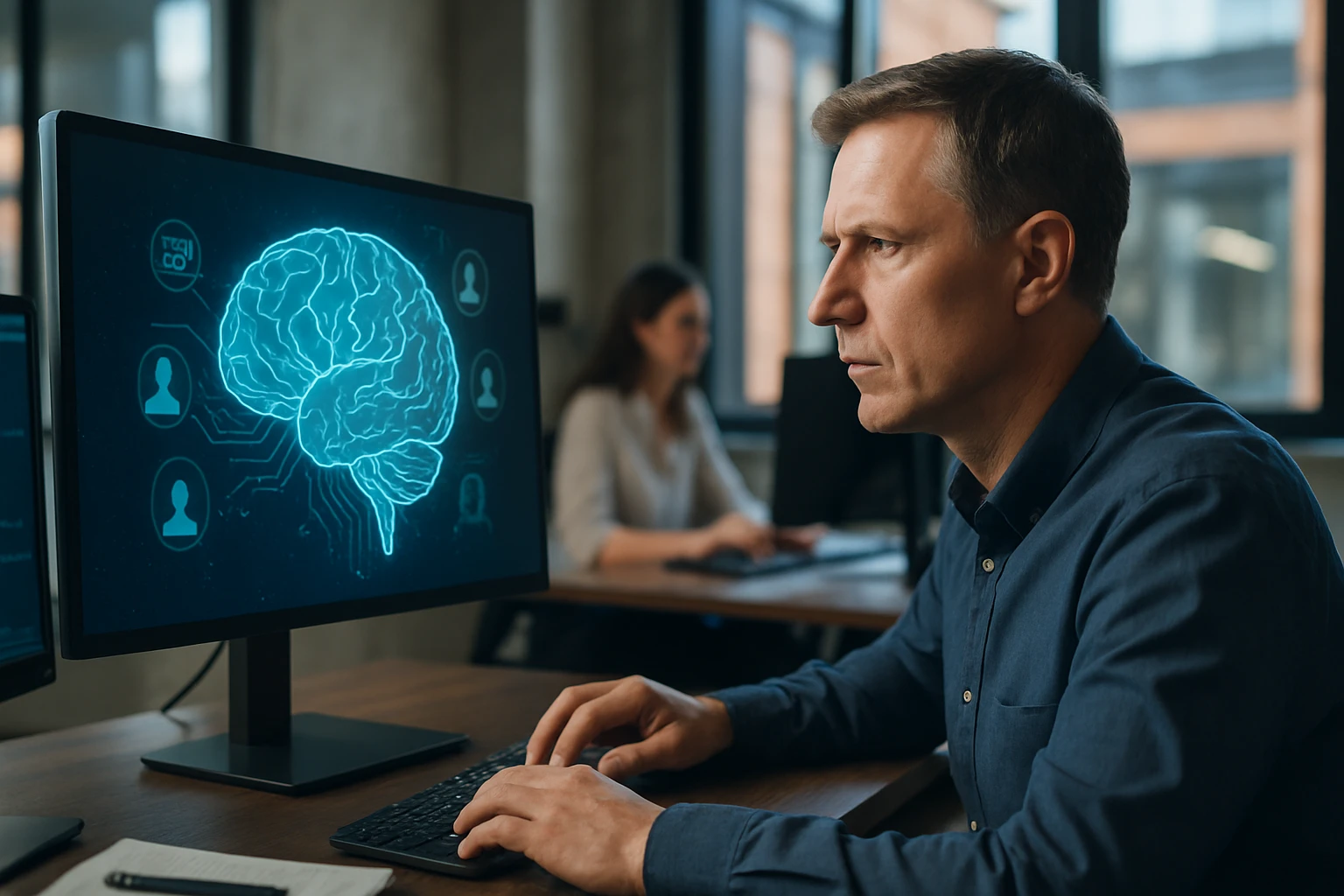 Egy férfi a számítógépén dolgozik, miközben egy agy grafikát néz.