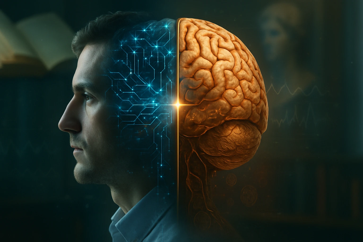 Egy férfi profilja, bal oldalon digitális áramkör, jobb oldalon agy látható.