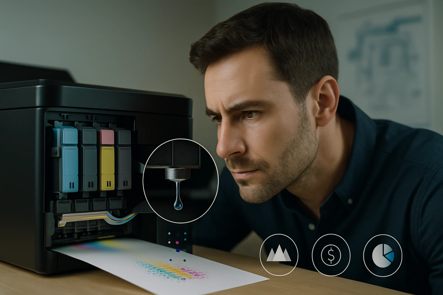 Egy férfi figyelmesen nézi a nyomtatót, ahogy tinta cseppen a papírra.