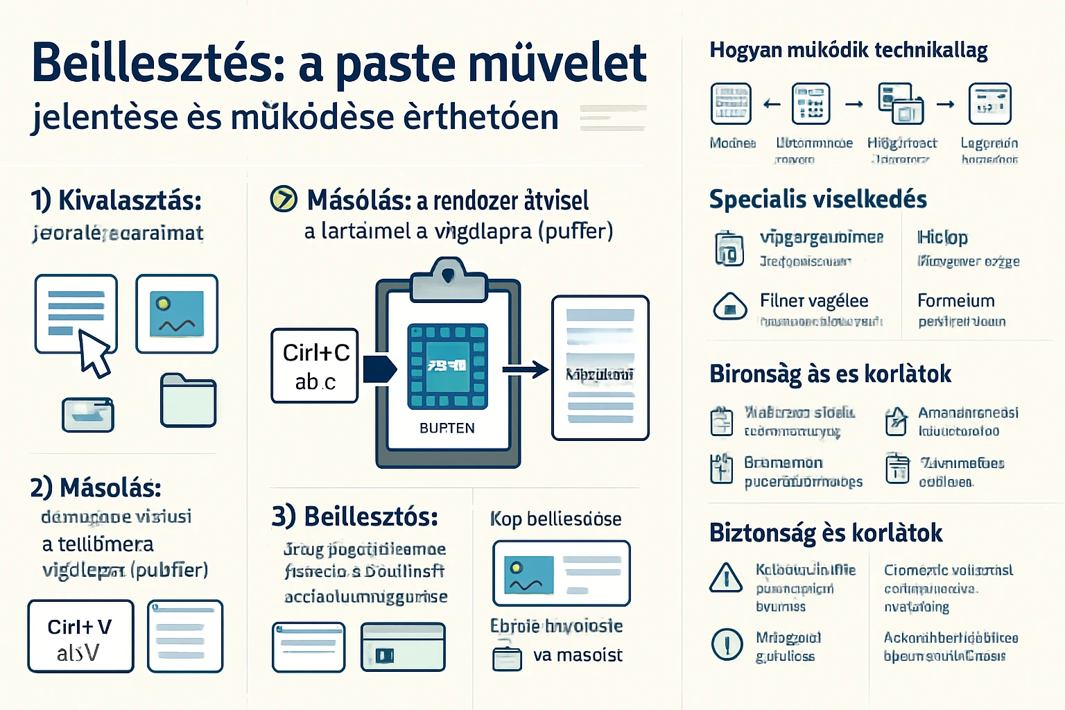A paste művelet lépéseit bemutató infografika, amely a másolás és beillesztés folyamatát magyarázza.