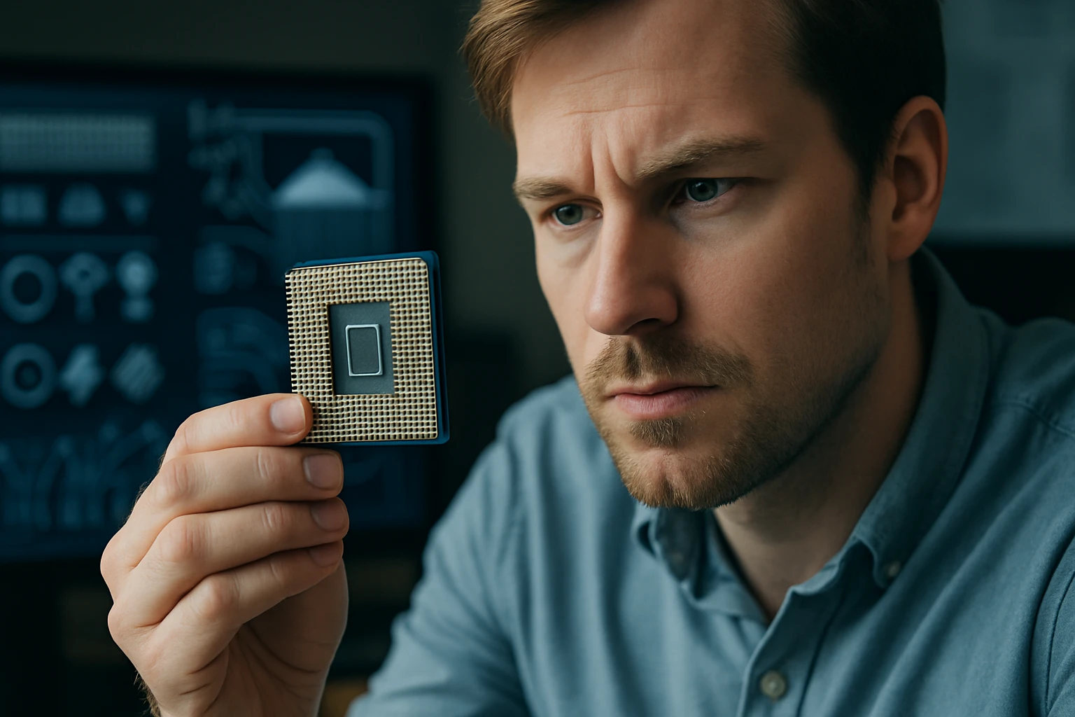 Egy férfi közelről néz egy számítógép processzort, érdeklődve tanulmányozza.