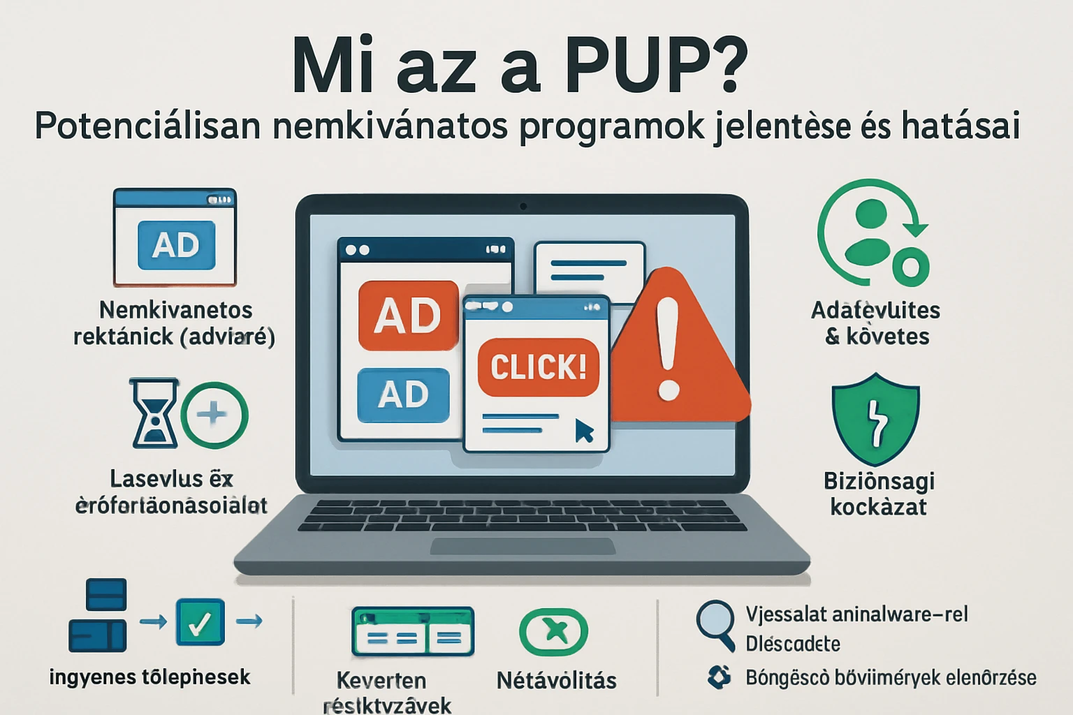 Egy laptop képernyőjén különböző hirdetések és figyelmeztetések láthatók.