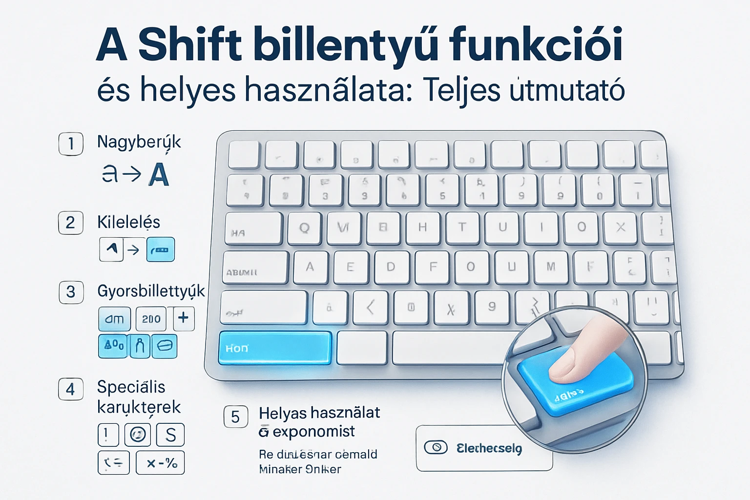 Egy billentyűzet, kiemelve a Shift billentyű funkciói és használati útmutatója.