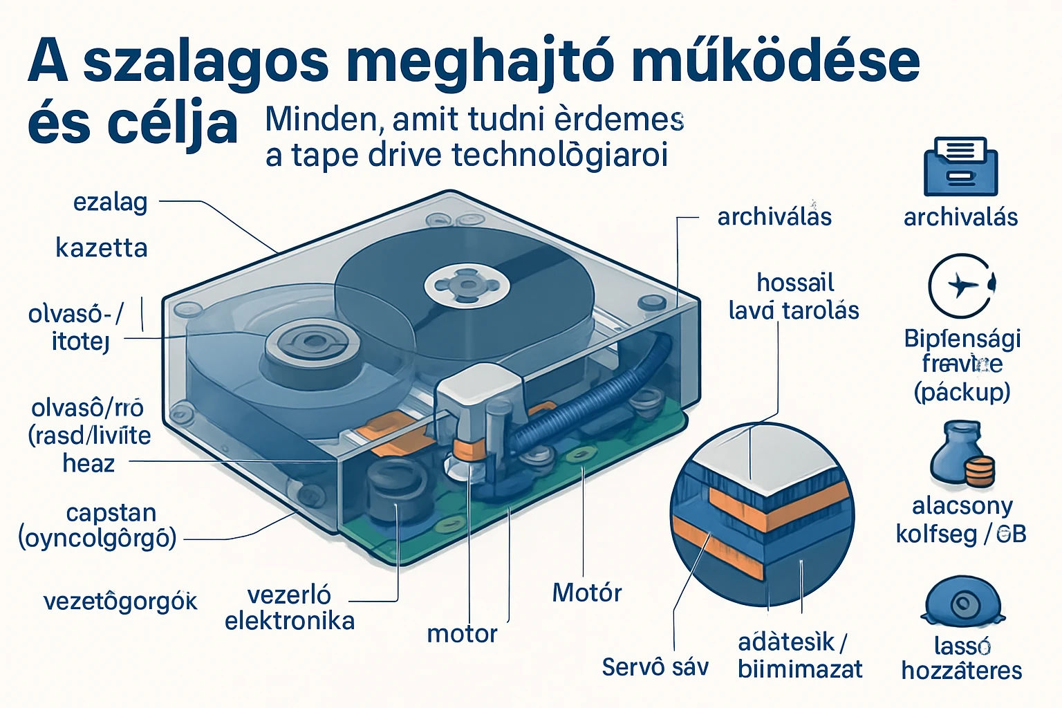 A szalagos meghajtó belső felépítése, látható alkatrészekkel és funkciókkal.