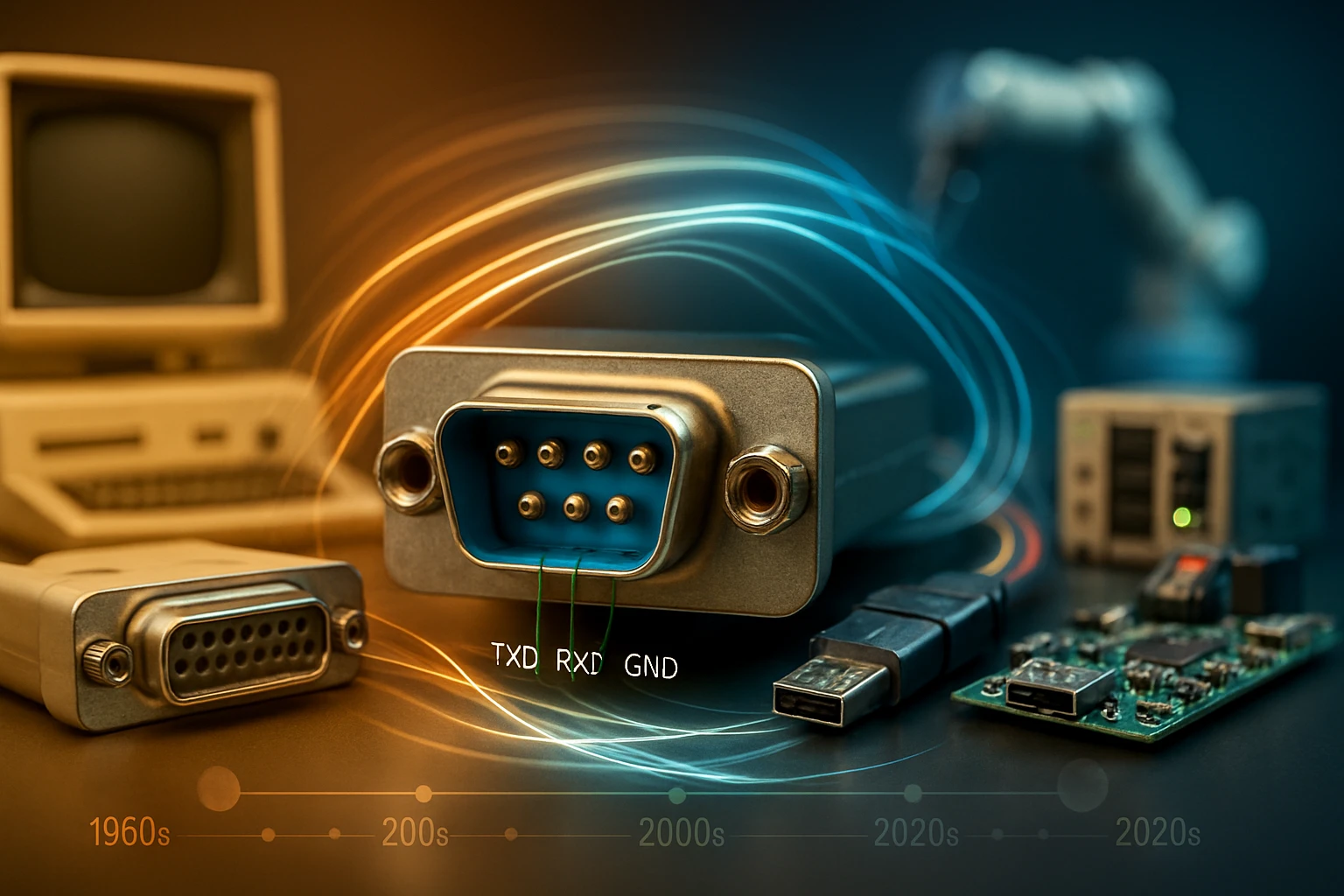 Különböző számítástechnikai csatlakozók és alkatrészek, köztük egy DB9 és USB port.