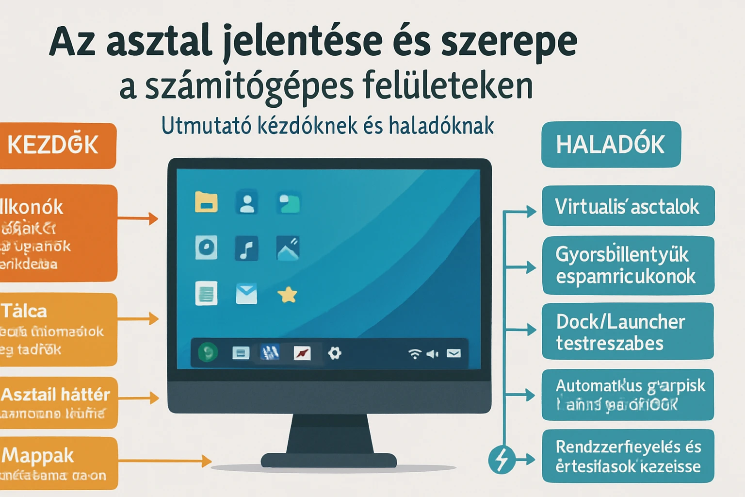 Számítógép asztal, ikonokkal, tálcával és alkalmazásokkal, kezdőknek és haladóknak.