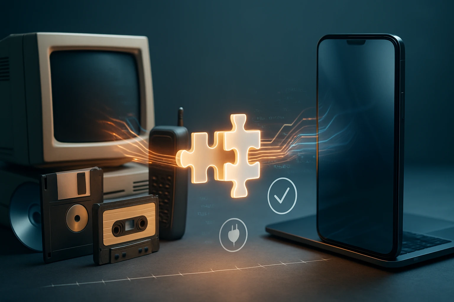 Régi technológiai eszközök, mint egy régi számítógép, mobiltelefon és floppy lemez, modern elemekkel.