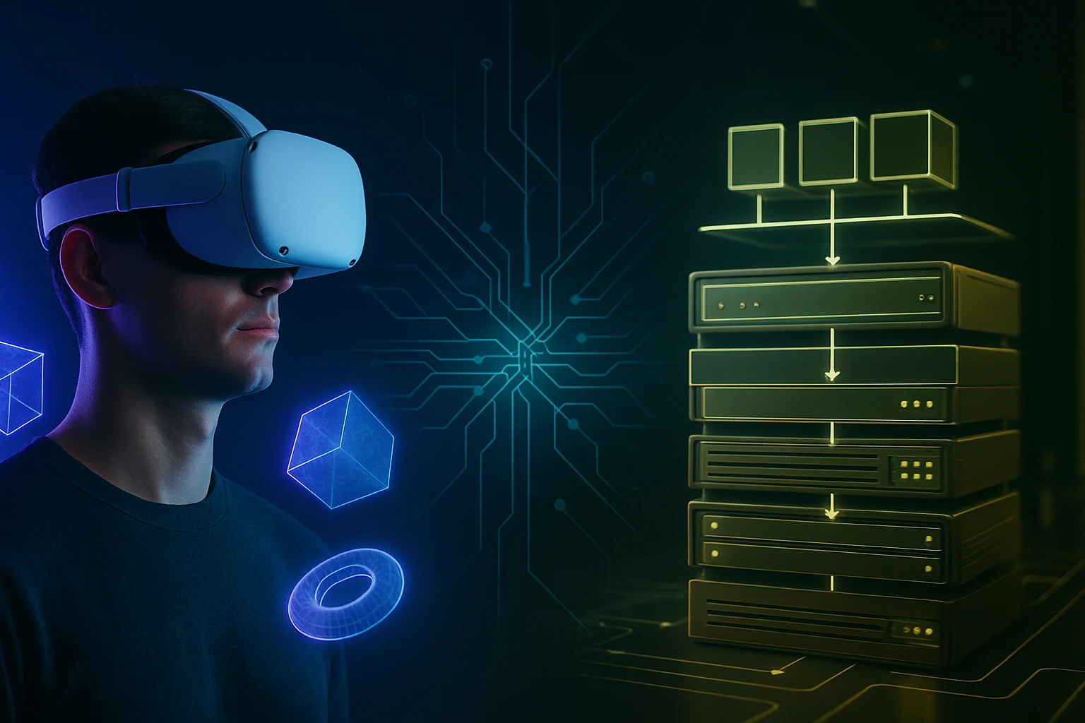 Egy VR headsetet viselő férfi, körülötte 3D-s grafikai elemek és szerverek.