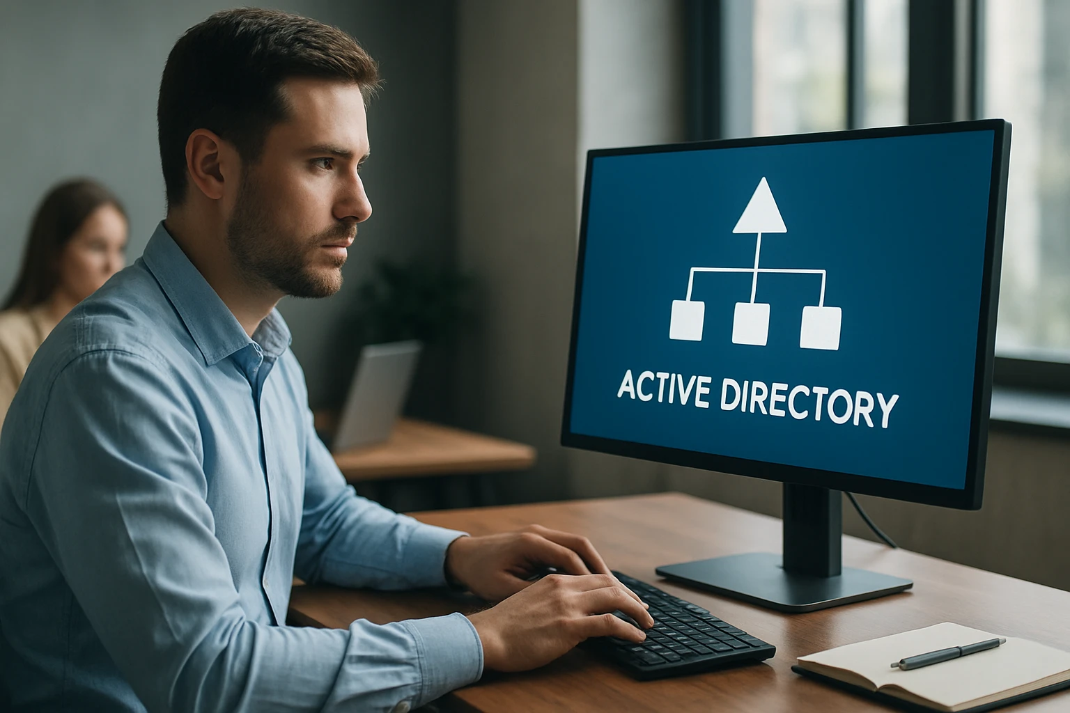 Egy férfi dolgozik a számítógépén, az Active Directory felületét nézi.