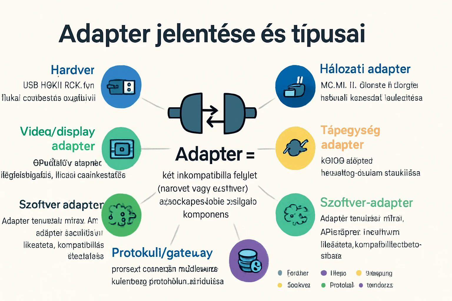 Az adapterek típusait bemutató grafika, különböző adapterek ikonjaival.