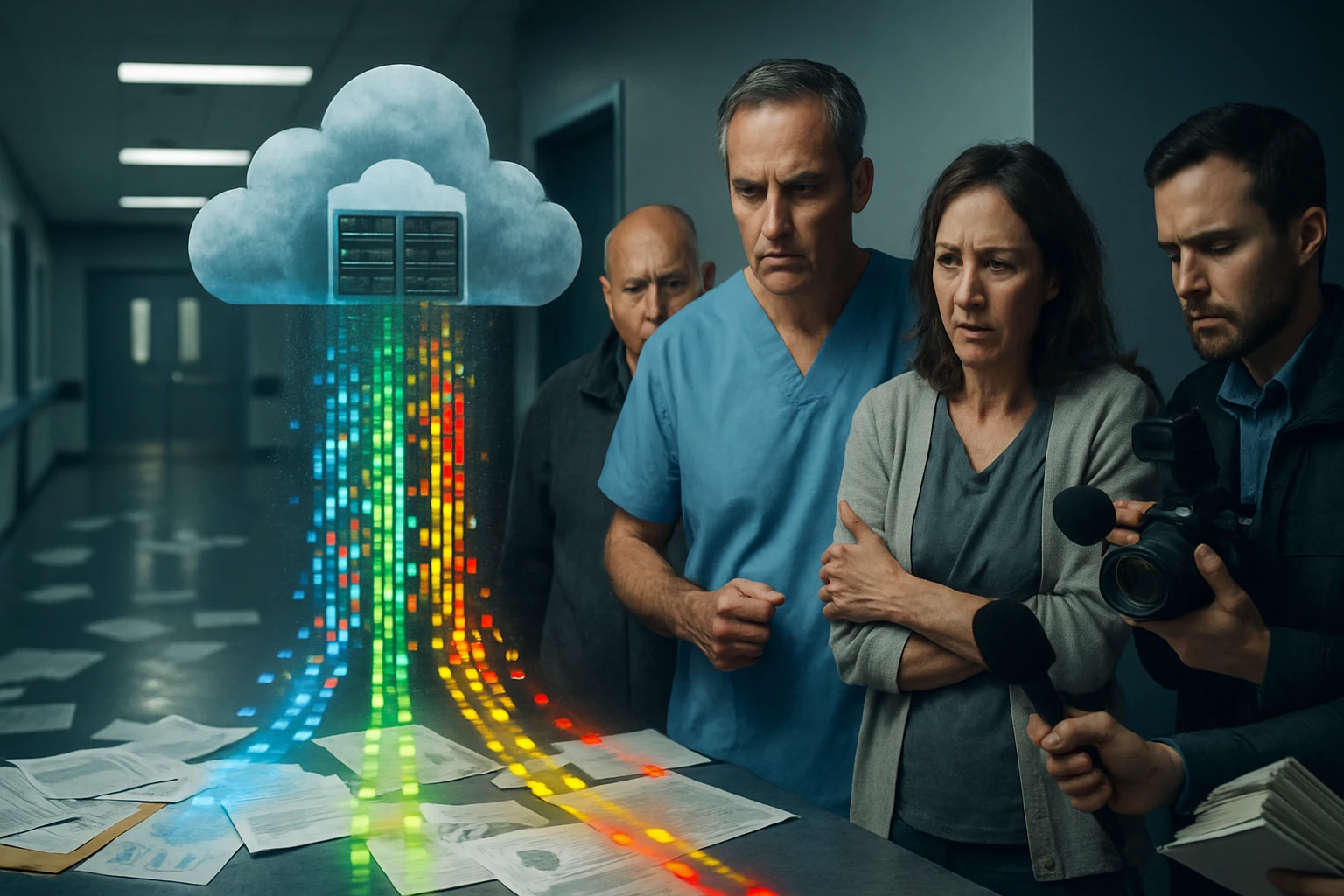 Orvosi szakemberek és újságírók figyelik a felhőből érkező adatokat egy kórházban.