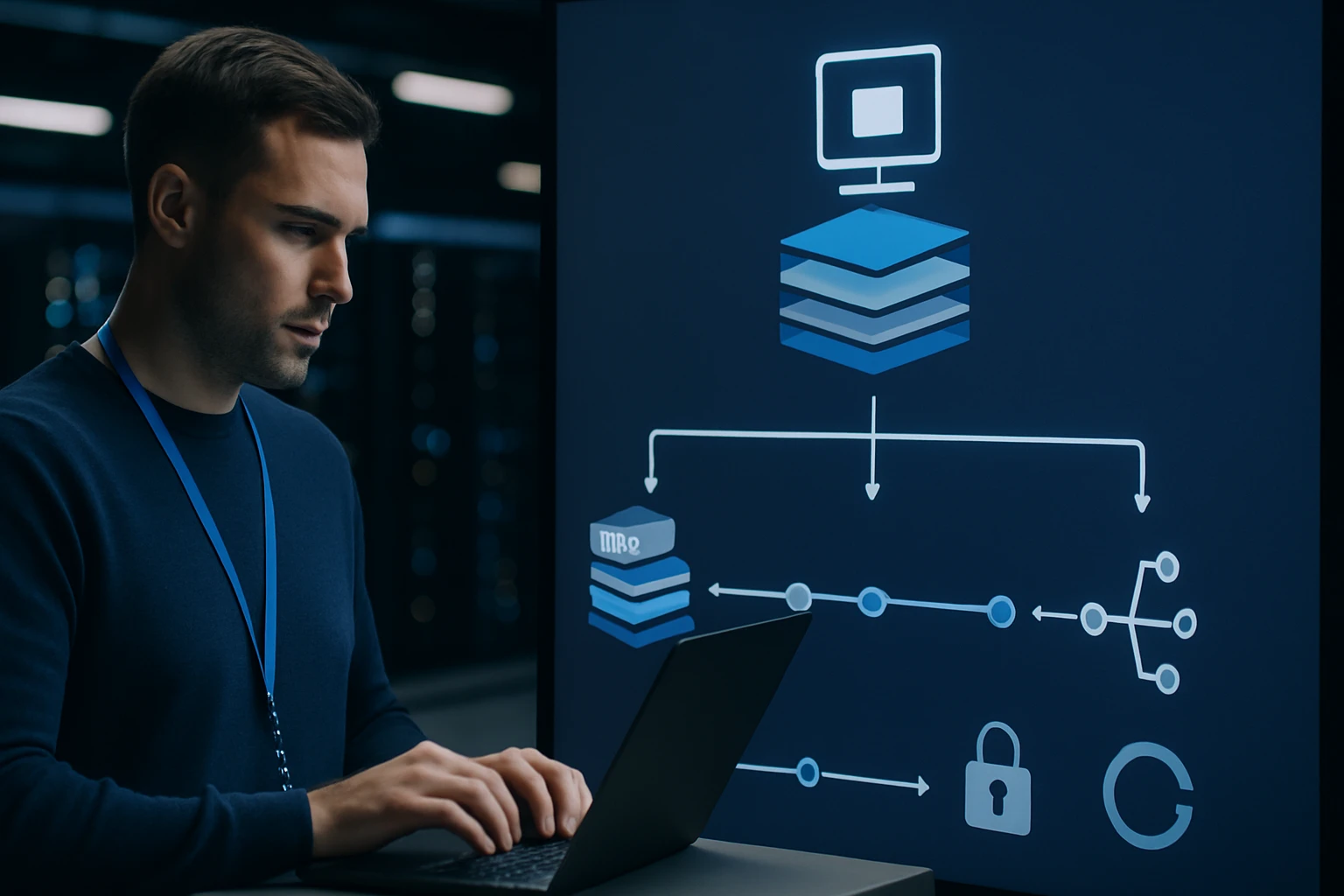 Egy férfi laptopon dolgozik, miközben adatarchitektúrát ábrázoló grafika látható a háttérben.