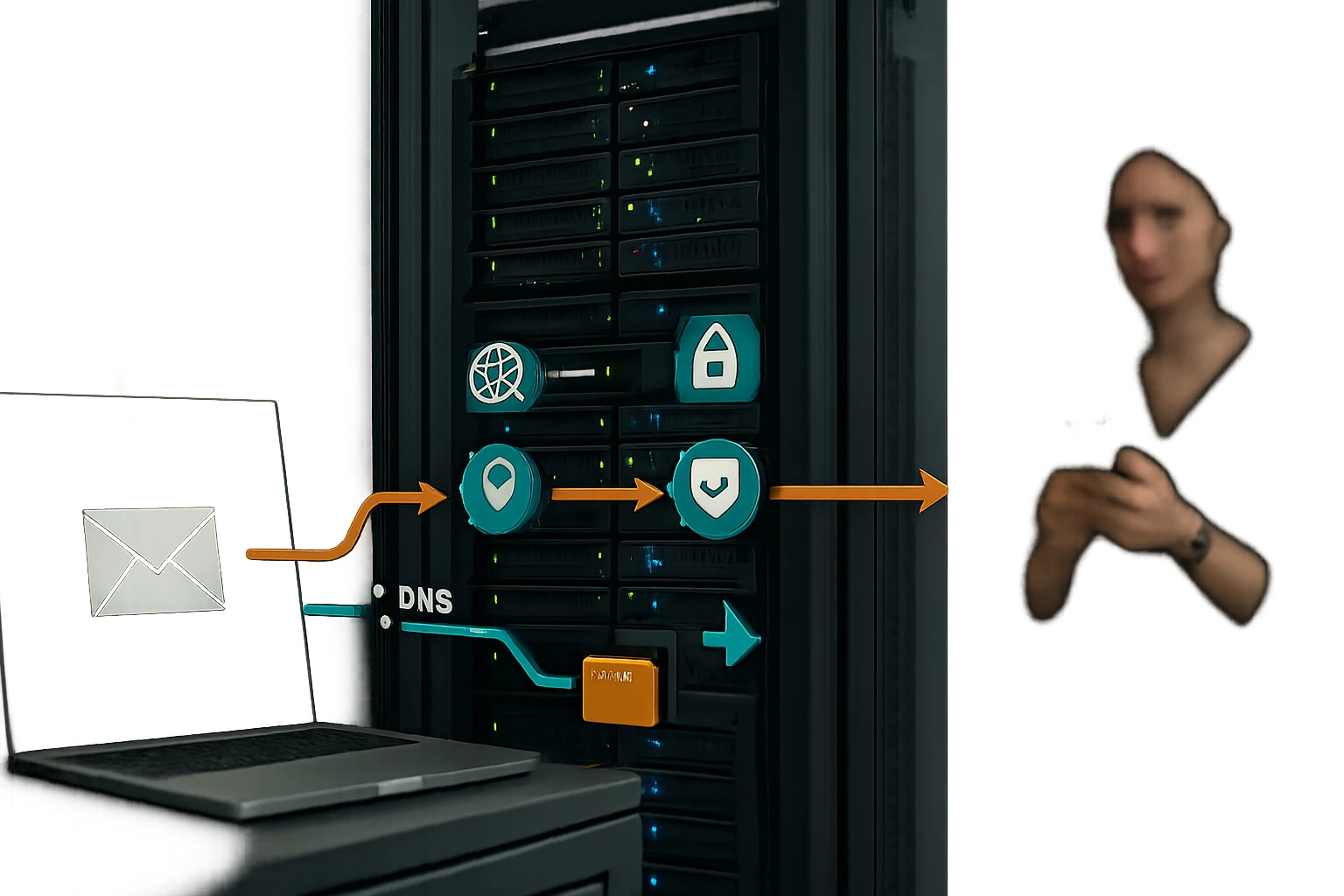 Egy laptop és szerverek, amelyek közötti adatátvitelt mutatják, biztonsági ikonokkal.